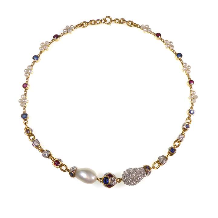 Pearl, diamond, ruby, sapphire and gold necklace